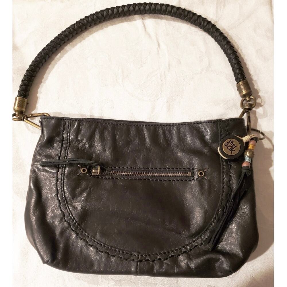 The Sak Black Soft Leather Hobo Bag Braided Shoulder Strap Brass Hardware